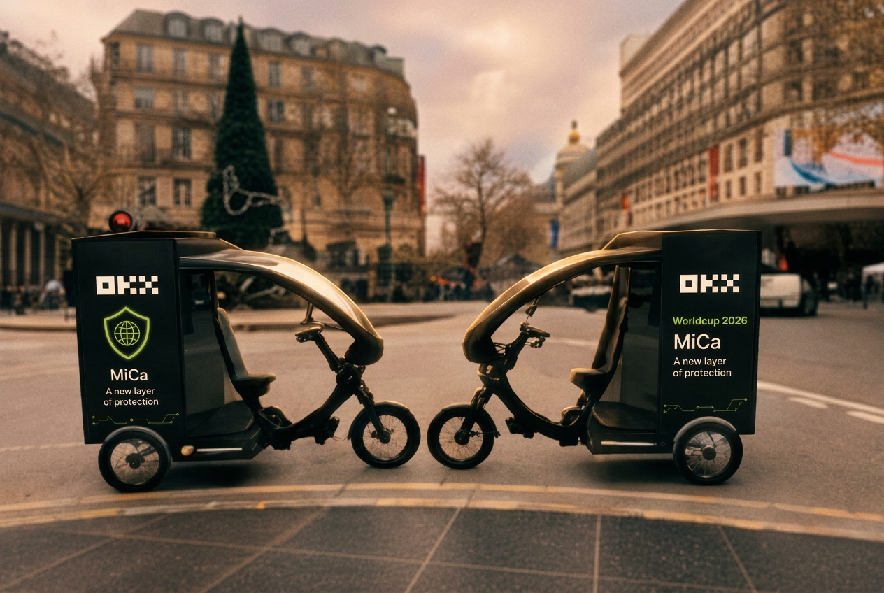 Two OKX-branded LED bikes on a Paris street