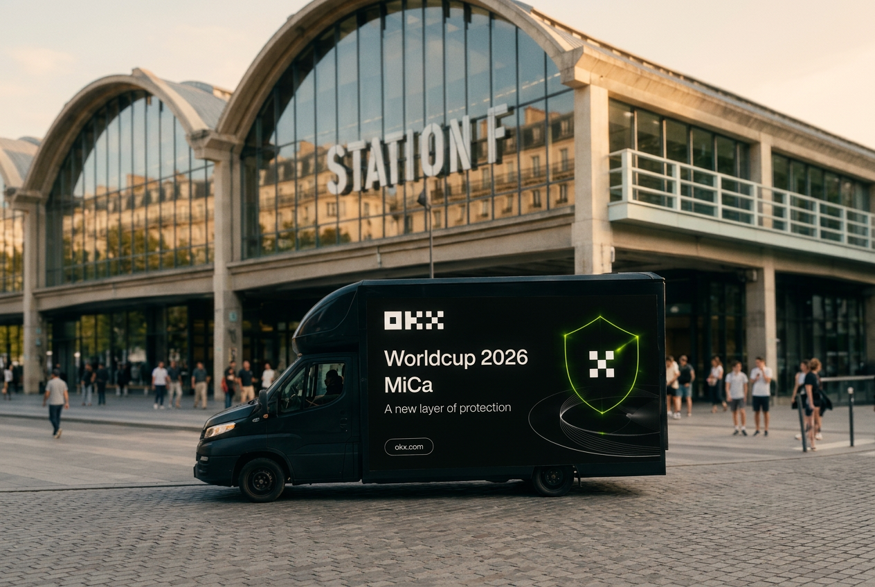 OKX-branded LED truck parked in front of Station F, Paris