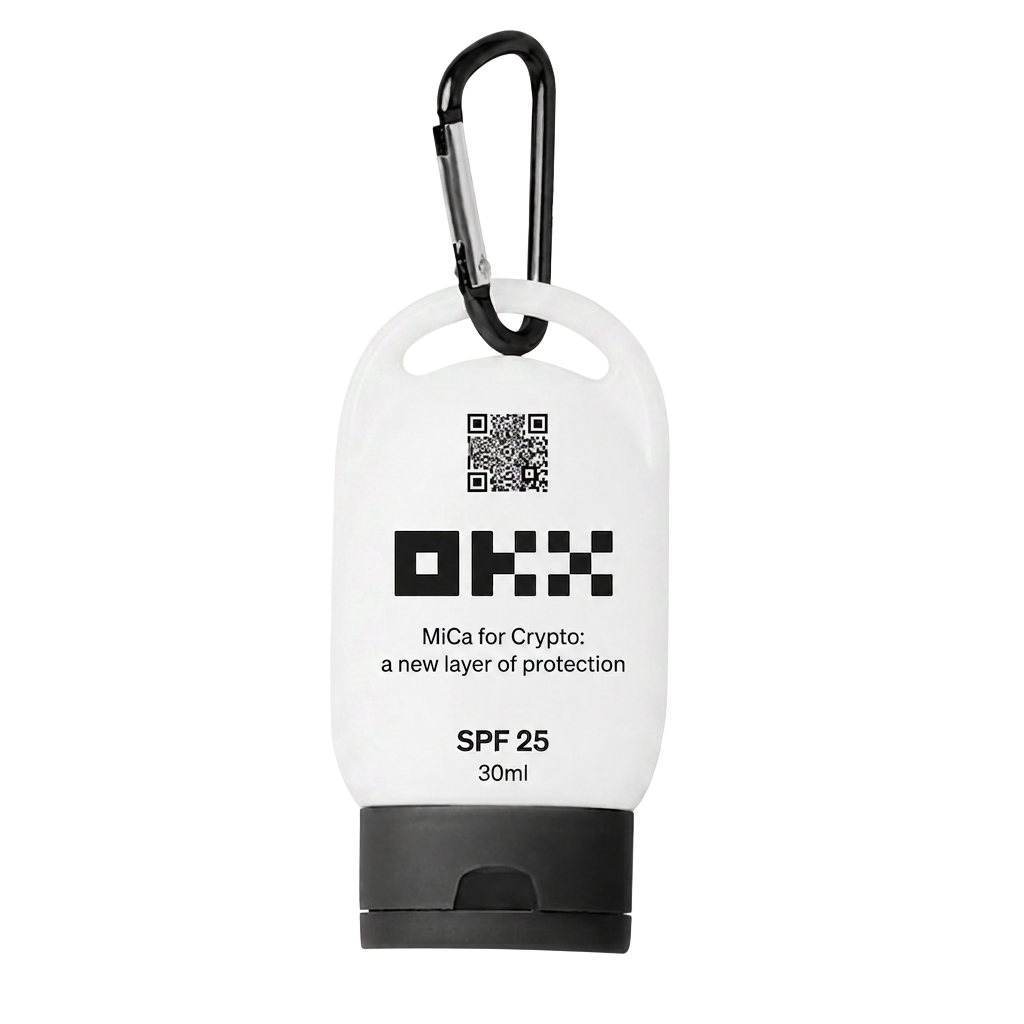 OKX-branded SPF 25 sunscreen 45 ml with carabiner clip